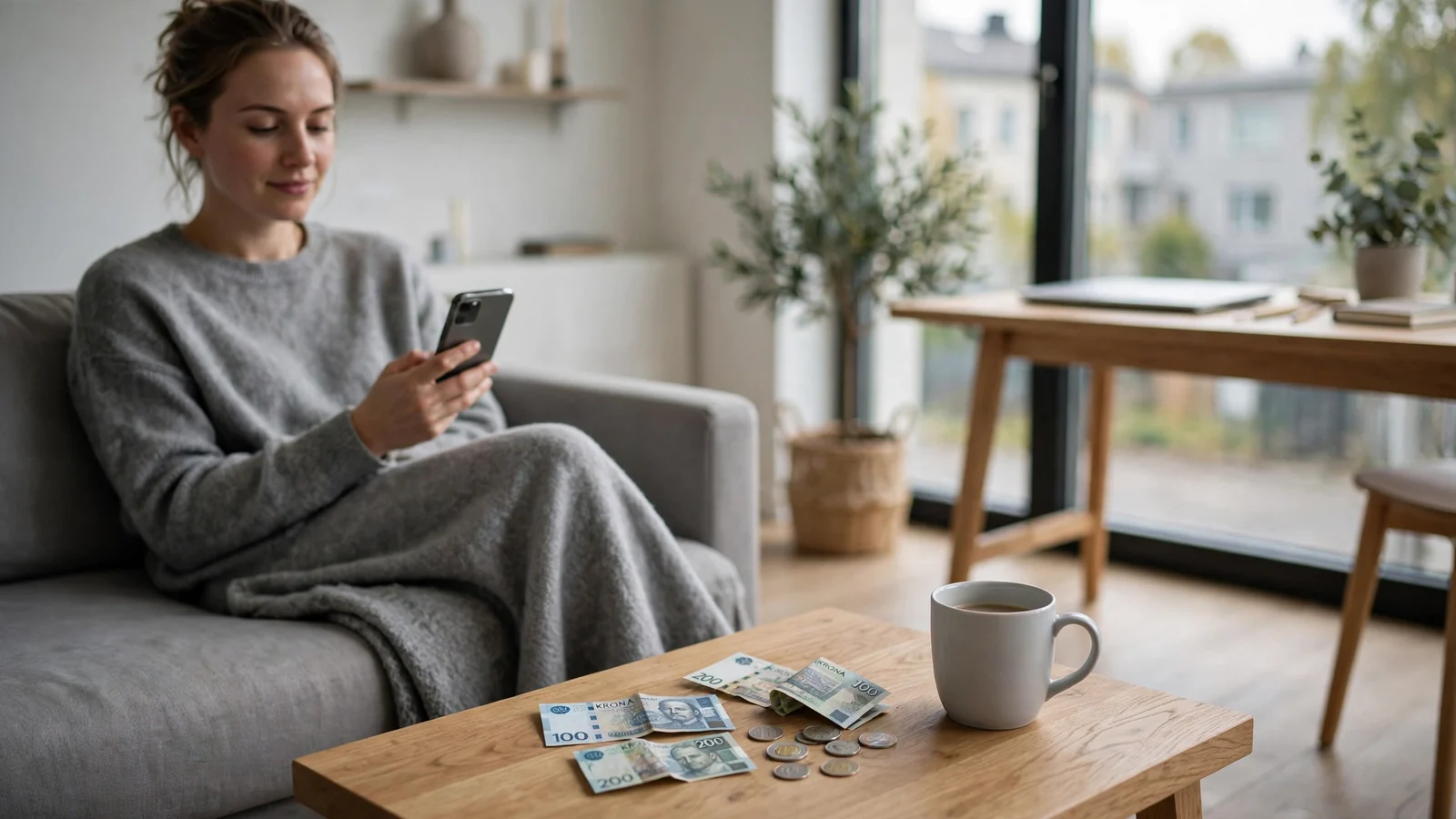 Person i modern svensk lägenhet med telefon och svenska kronor på bordet