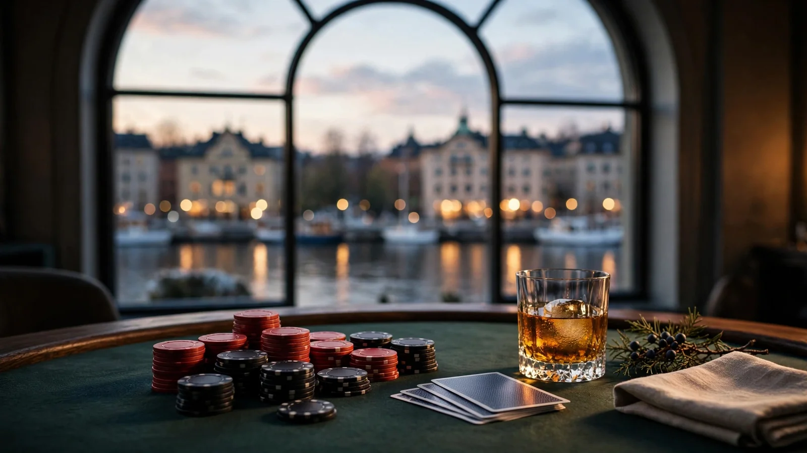 Elegant casinobord med marker, kort och whiskyglas, Stockholms silhuett i skymningsljus