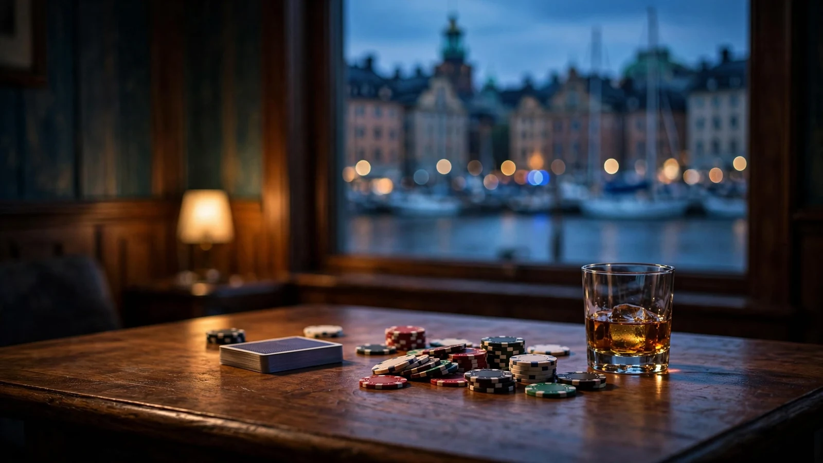 Mörkt pokerbord med marker och whiskyglas, Stockholms silhuett i bakgrunden