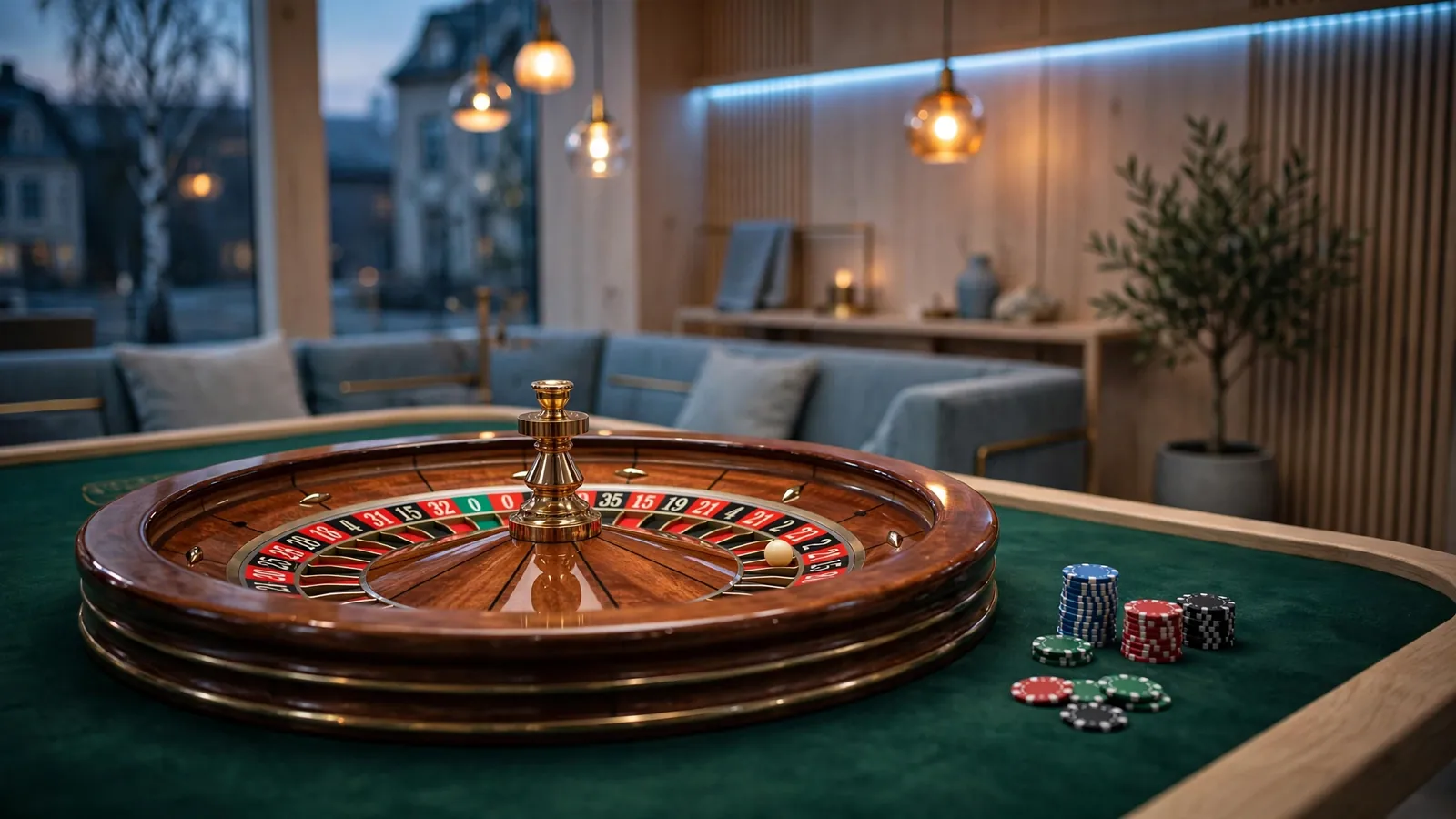 Närbild av ett roulettebord med marker i en stilren svensk casinomiljö